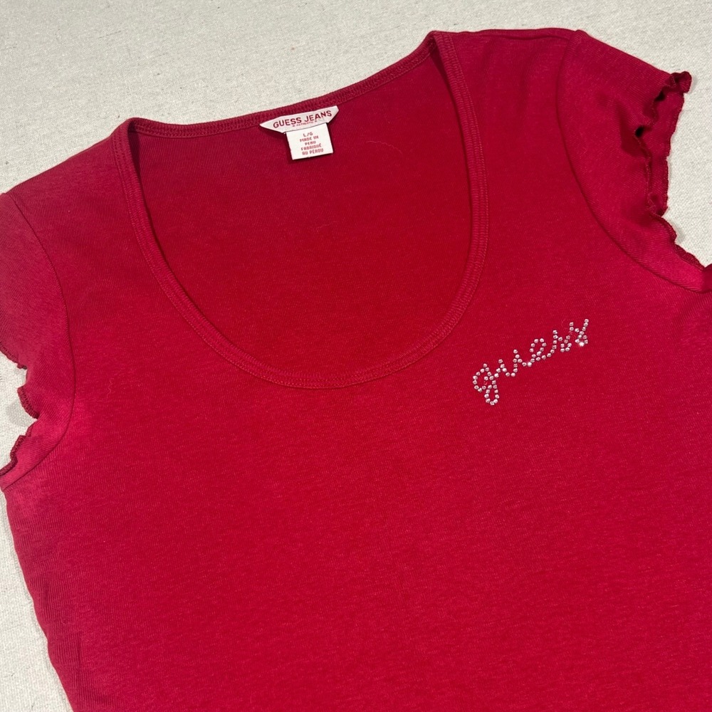 Guess Jeans Y2K Red Rhinestone Logo Ruffle Trim Cotton Baby Tee Top Large *FLAW